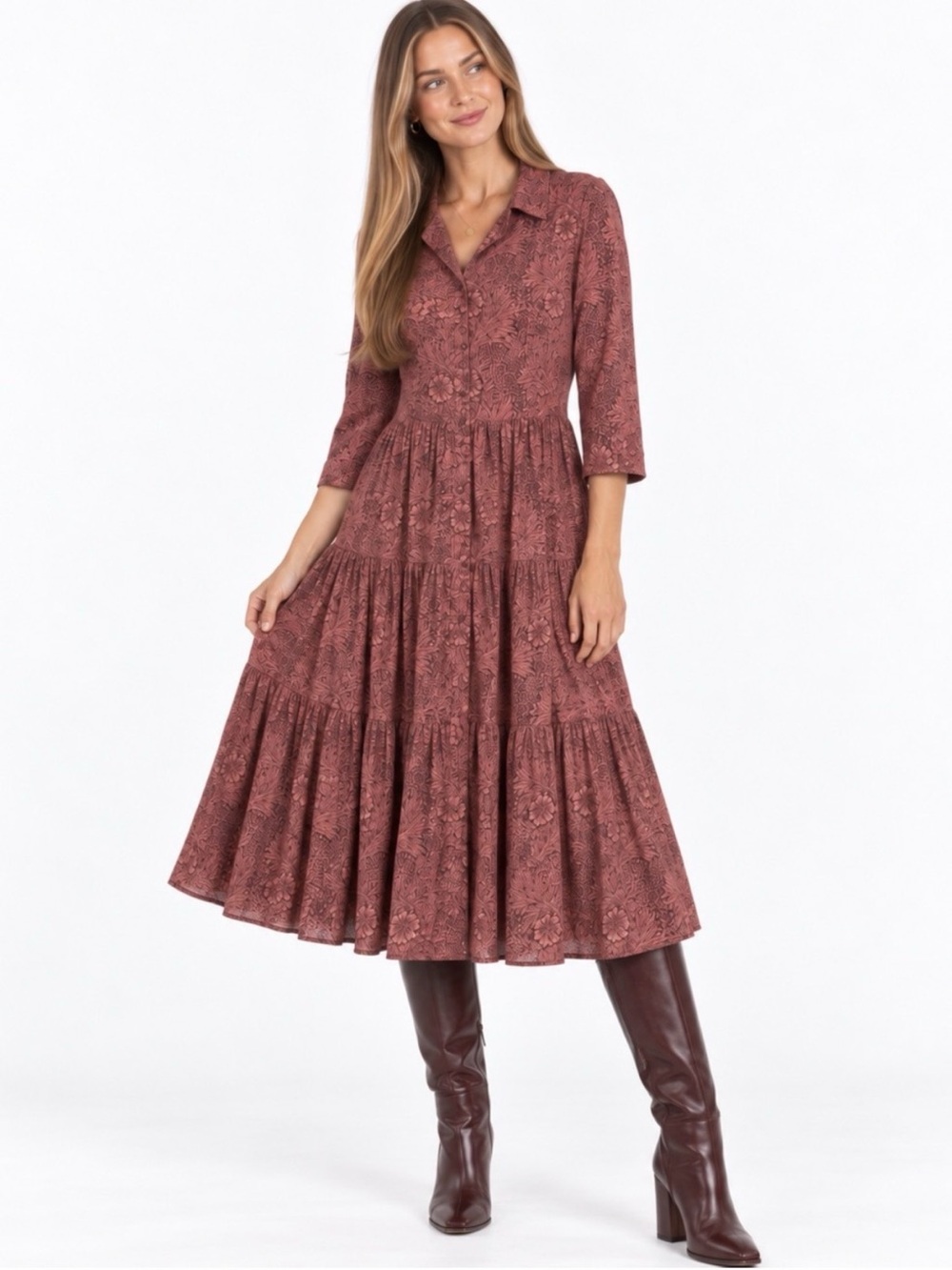 H&M x Morris Co Dress Womens 2 Pink Floral Button Up Midi 3/4 Sleeve Grunge Fall